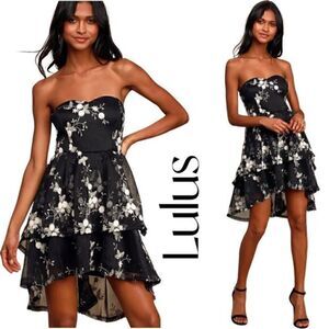 LULUS How Sweet Black Embroidered Strapless Tiered High-Low Dress Sz M NWT